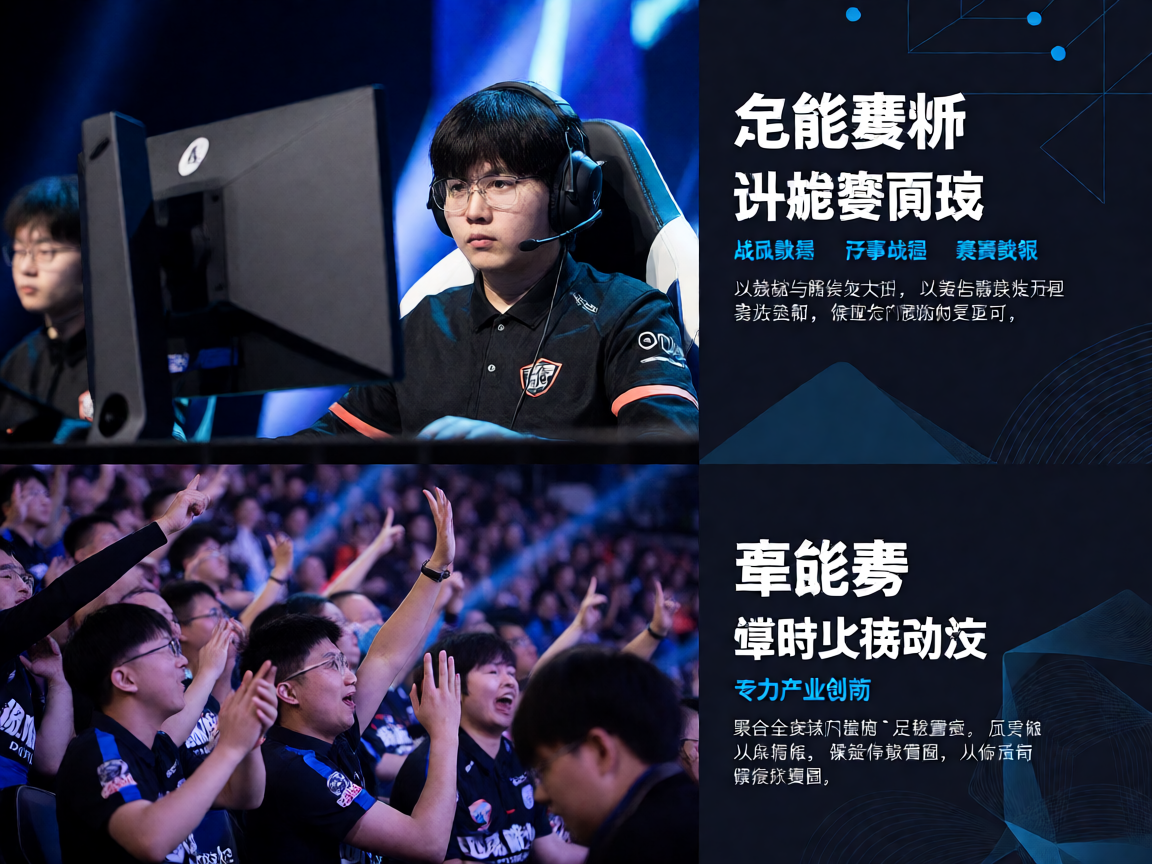 电竞比赛现场，选手在舞台上专注比赛，观众热情观赛